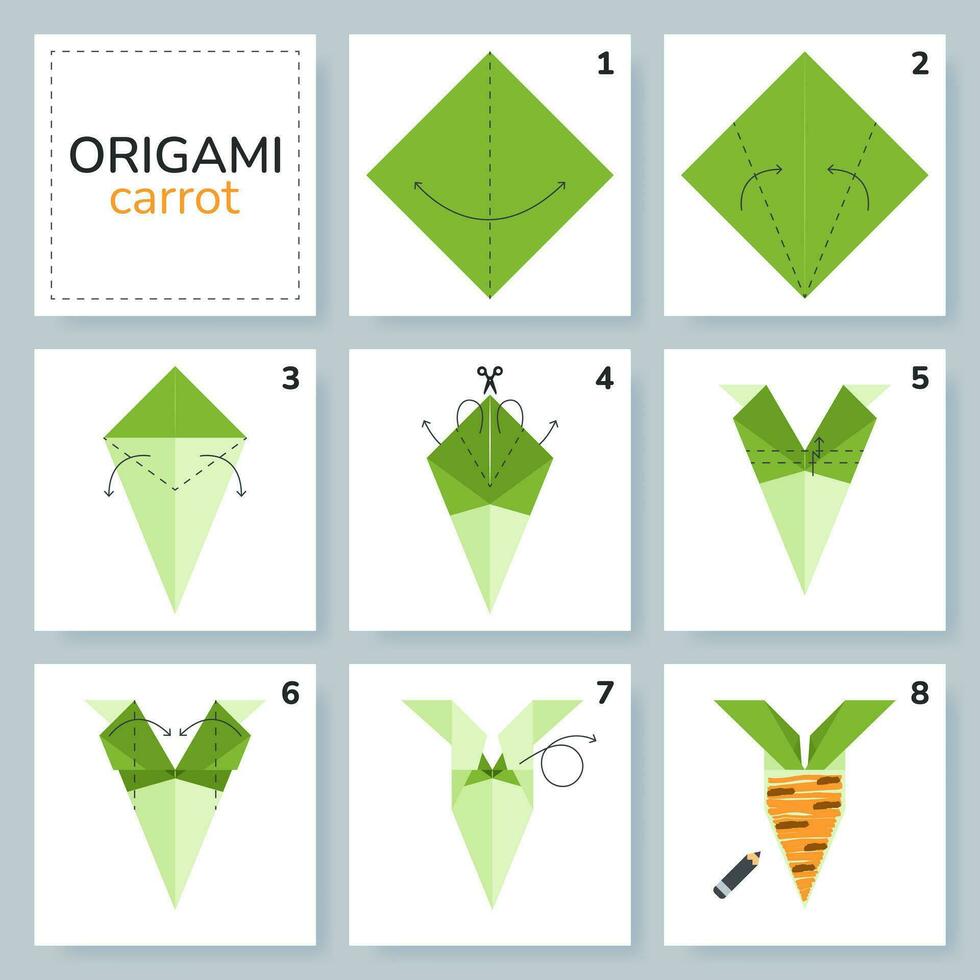 Carrot origami scheme tutorial moving model. Origami for kids. Step by step how to make a cute origami vegetable. Vector illustration.