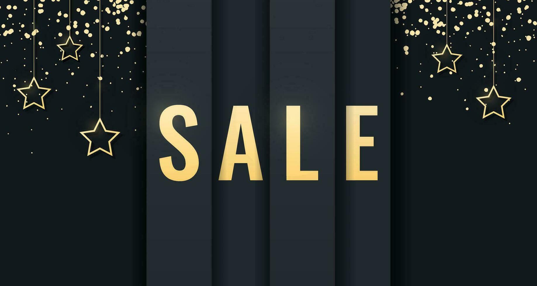 Horizontal sale banner. Web banner with black stripes on dark background with gold letters, stars and confetti. Template design for holidays, Black Friday sale. Special Offer, luxury shopping poster. vector