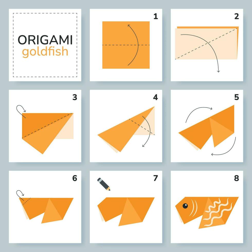 Goldfish origami scheme tutorial moving model. Origami for kids. Step by step how to make a cute origami fish. Vector illustration.