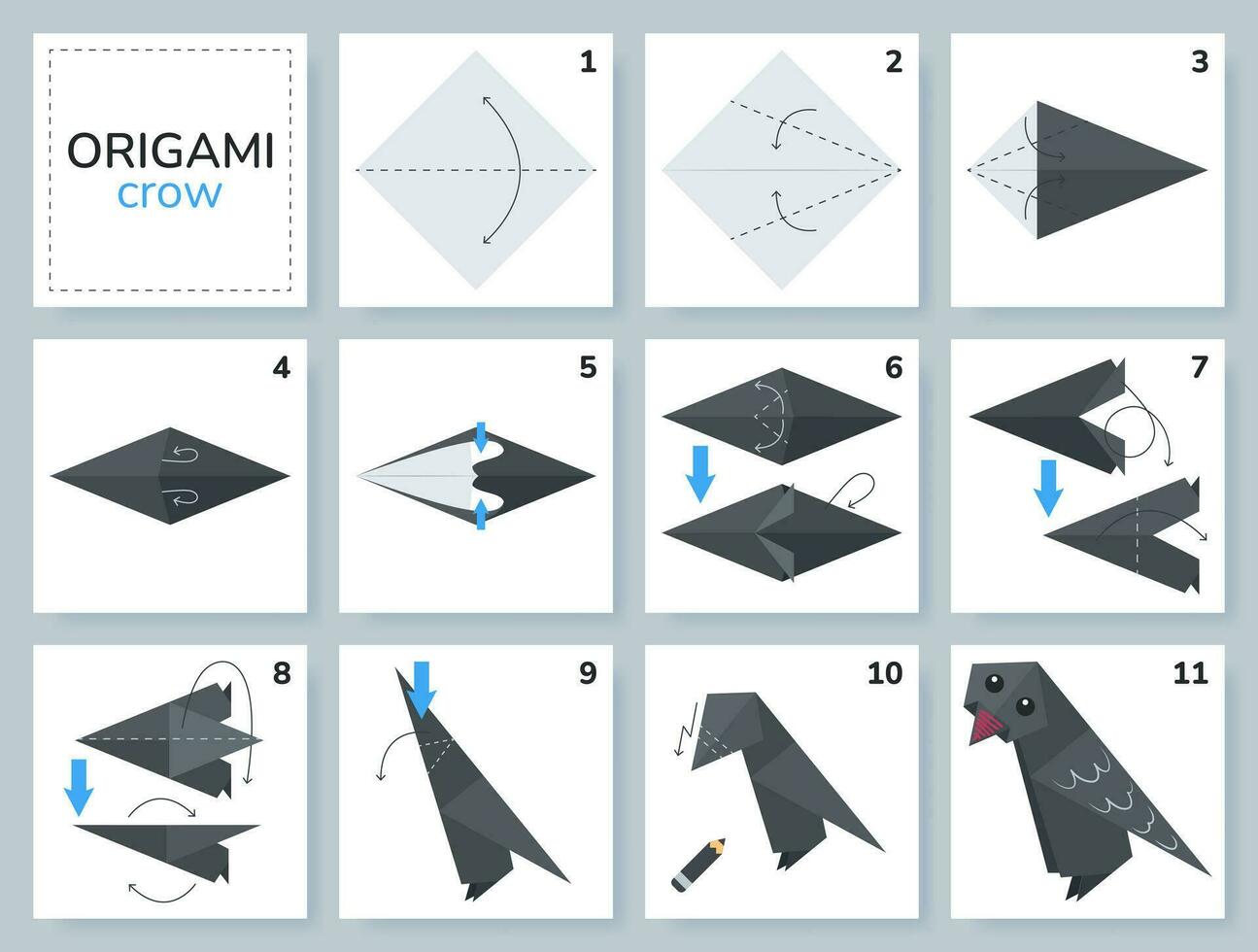 Bird origami scheme tutorial moving model. Origami for kids. Step by step how to make a cute origami crow. Vector illustration.