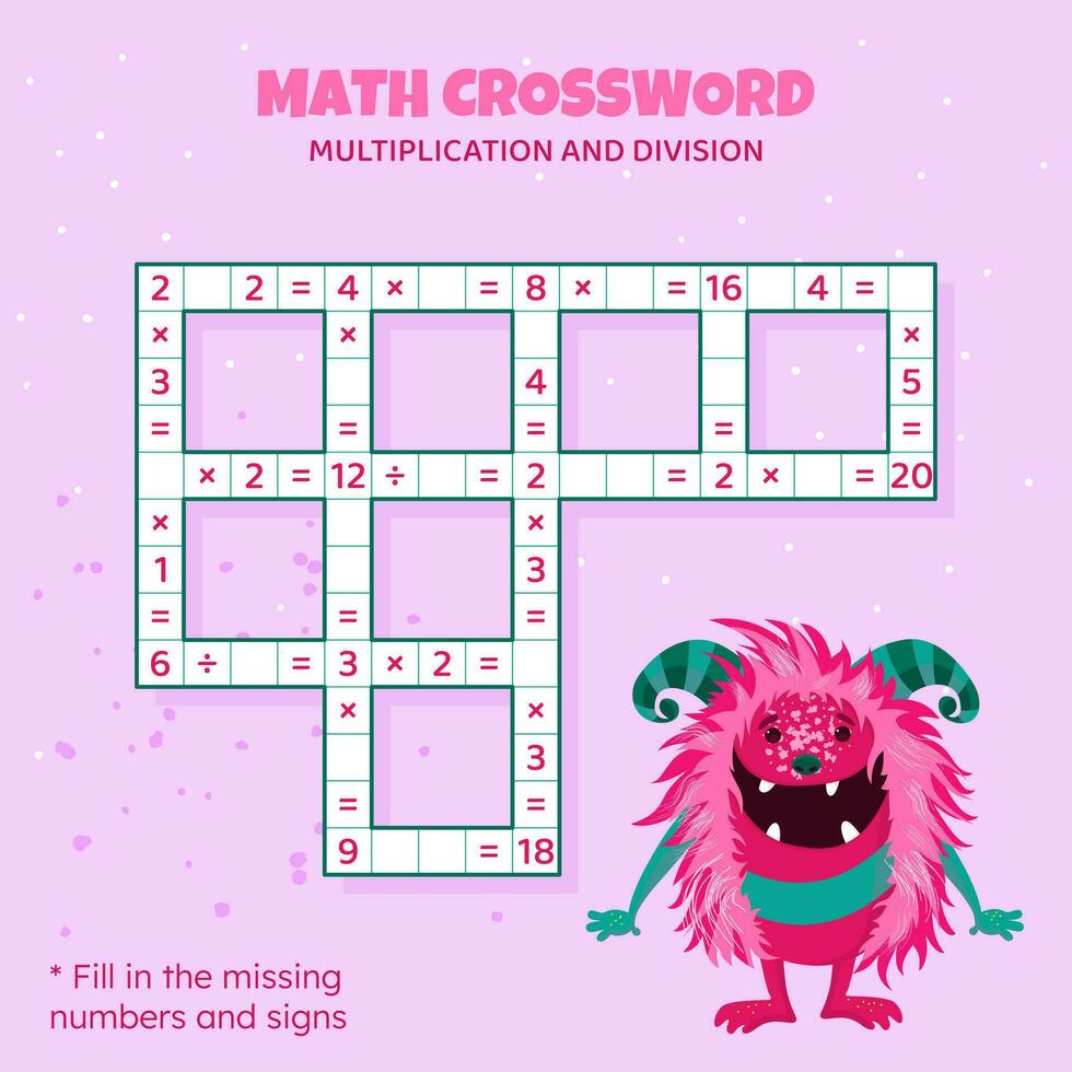 Math Crossword puzzle for kids. Multiplication and division. Game for children. Vector illustration. Colorful crossword with cartoon monster. Task, education material for kids.