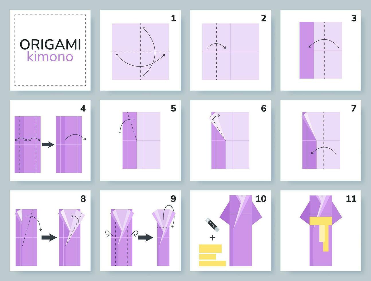 Bathrobe origami scheme tutorial moving model. Origami for kids. Step by step how to make a cute origami bathrobe or kimono. Vector illustration.