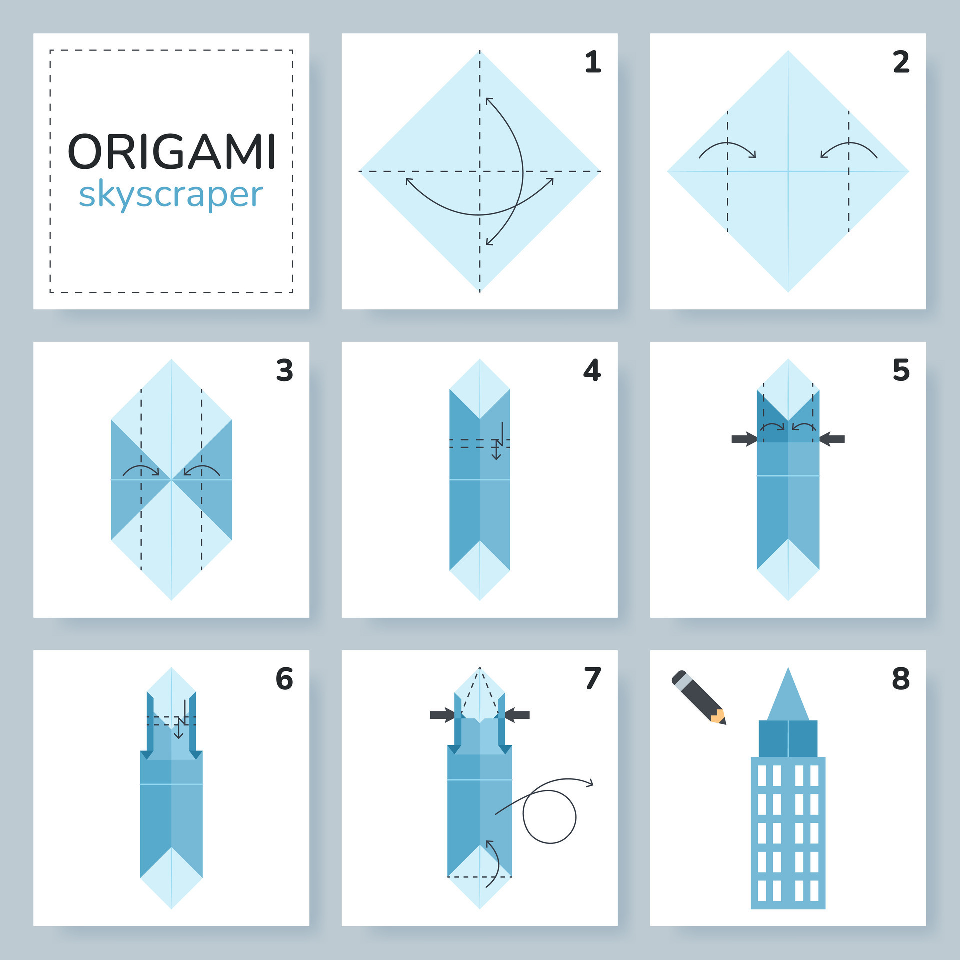 Skyscraper origami scheme tutorial moving model. Origami for kids. Step