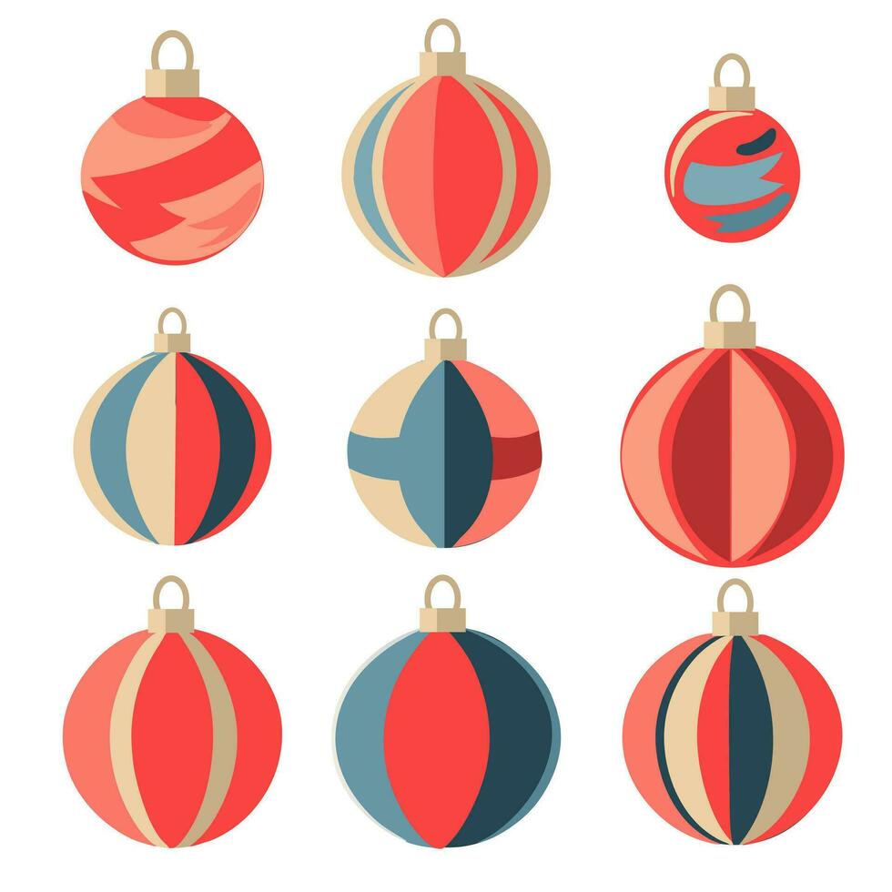 A set of Christmas flat balls is highlighted on a white background. A festive Christmas toy for a Christmas tree. Vector illustration. Multicolored round balls in red, blue shades. Christmas Balls