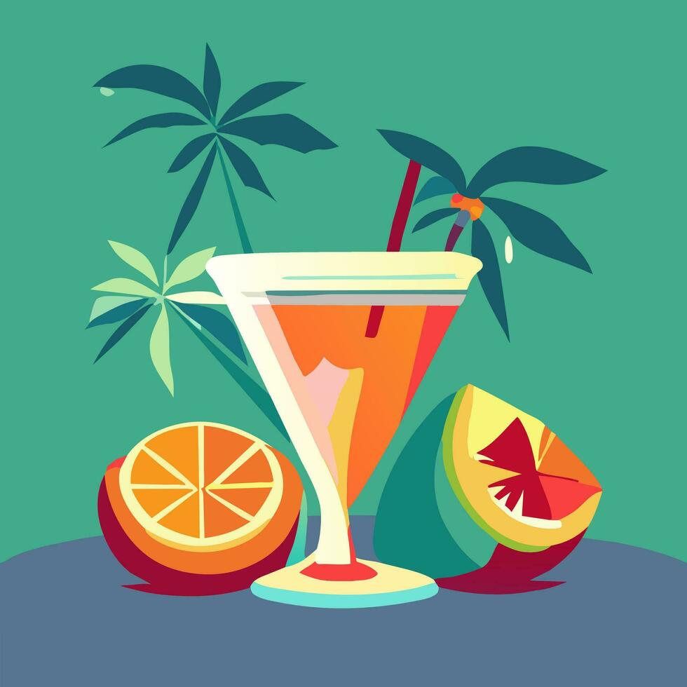 Illustration of a cocktail in a martini glass. A drink in a glass with a straw and small palm trees in the background. Vector flat illustration of a summer citrus cocktail on a bright background.