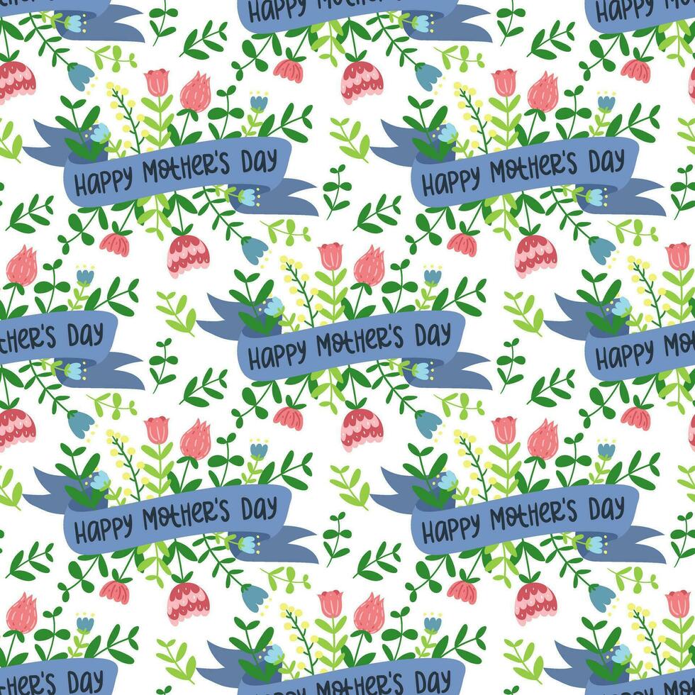 A pattern with a ribbon and flowers for Mother's Day, in a flat style. Cartoon isolated illustration with flowers, ribbons and lettering in seamless ornament. Repetitive Holiday Packaging for Printing vector