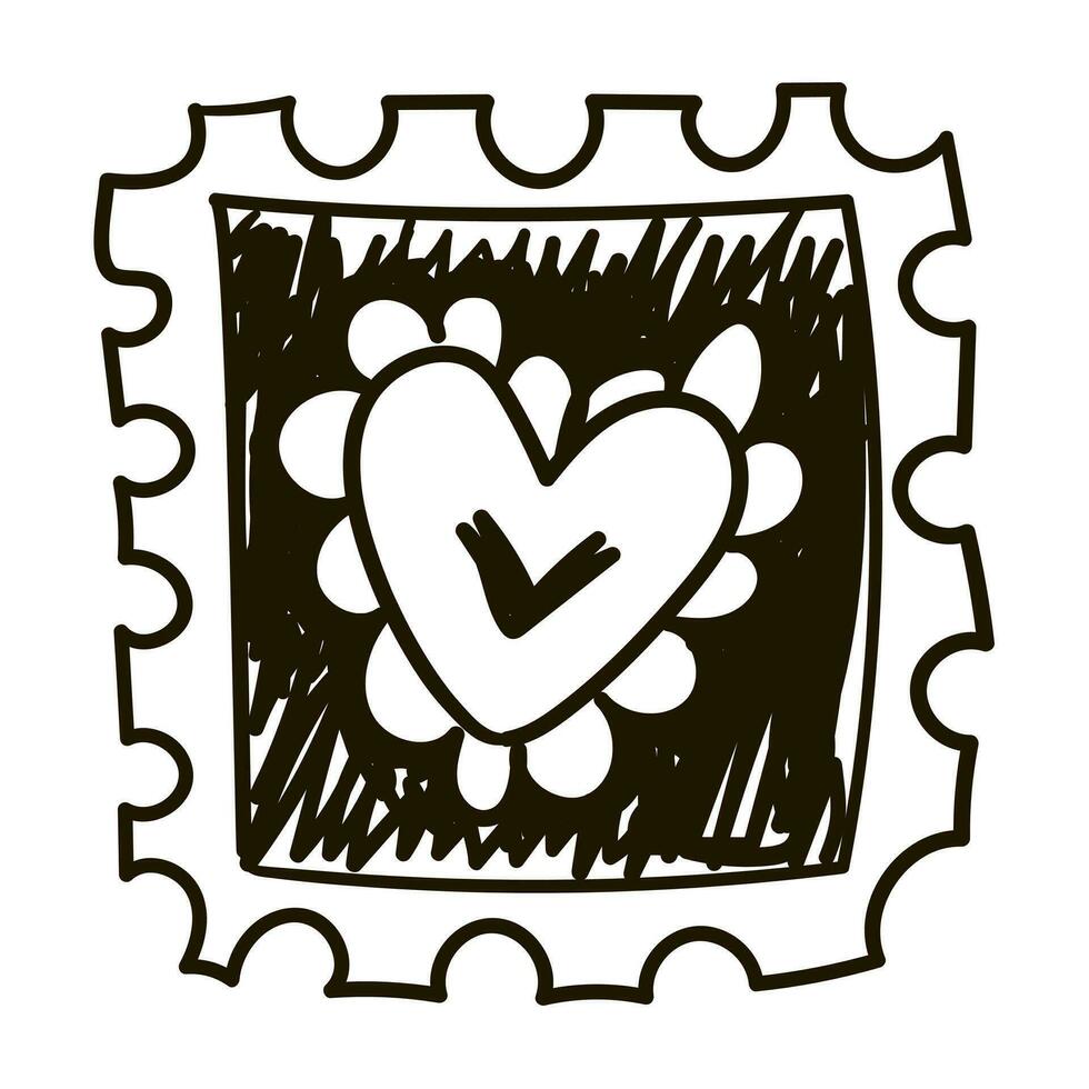 Cute stamp with a heart for Halloween. Black and white drawing with strokes similar to ink. Vector illustration, sketch. Drawing, cute love message, black pen. Black pen on white. Illustration