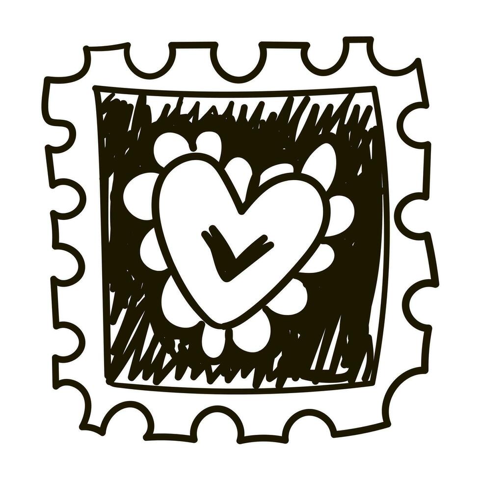 linda sello con un corazón para Víspera de Todos los Santos. negro y blanco dibujo con golpes similar a tinta. vector ilustración, bosquejo. dibujo, linda amor mensaje, negro bolígrafo. negro bolígrafo en blanco. ilustración