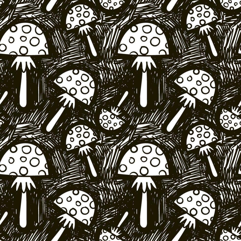 Pattern cute fly agaric for Halloween. Black and white ornament with ink-like strokes. Vector illustration, sketch. Seamless texture, mushrooms, black handle. Black pen on white background