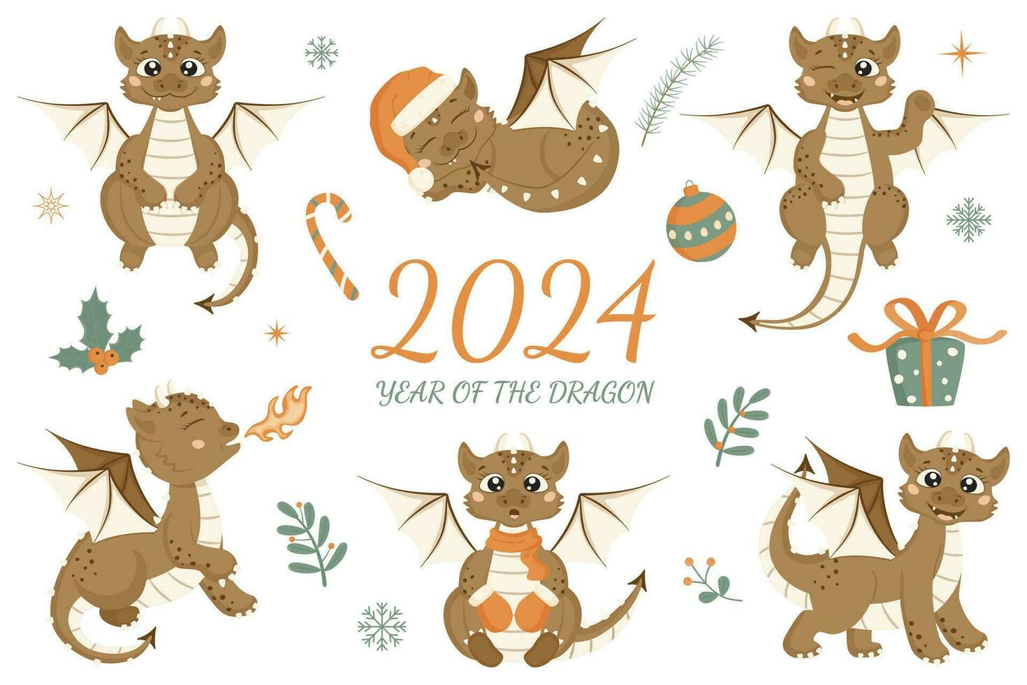 Christmas set in cartoon style. Cute dragons in different poses. vector