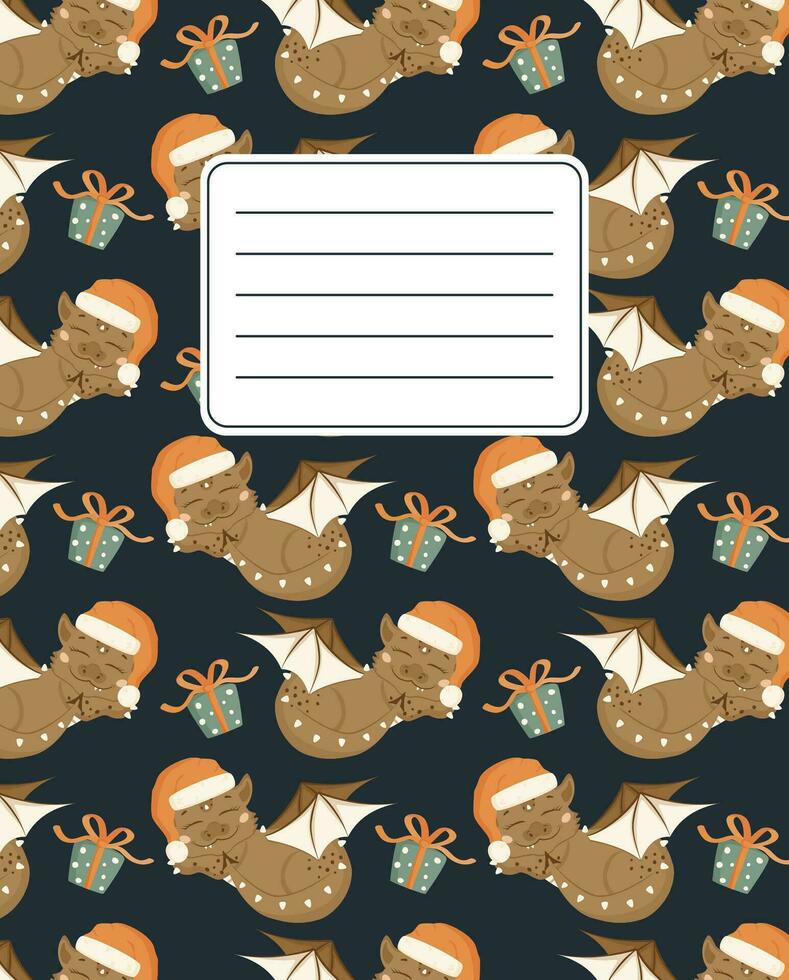Design of covers for notebooks, planners with the image of a sleeping dragon in a Santa Claus hat. vector