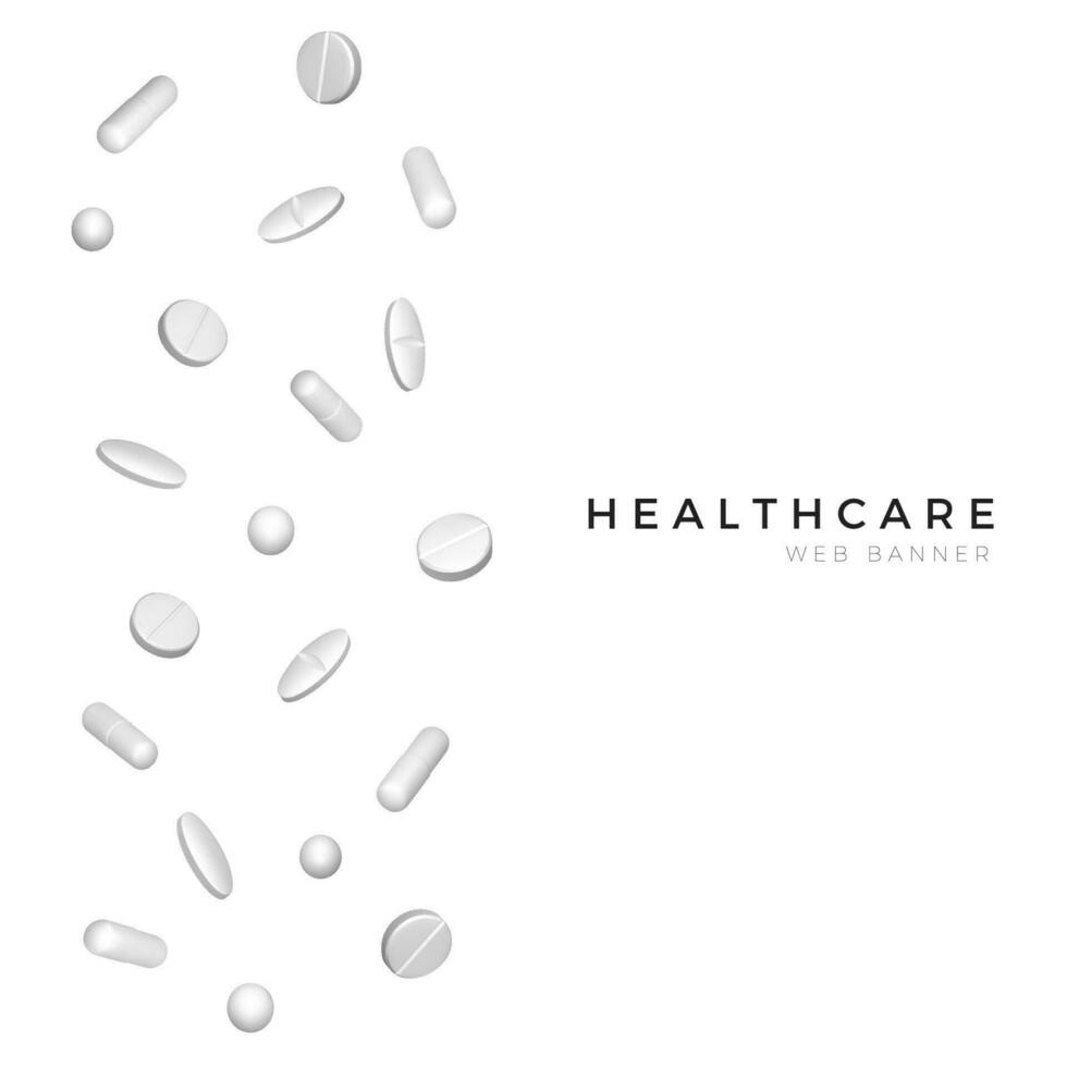 Set of different white realistic pills for poster or banner design.  Healthcare and medicine background. Vector