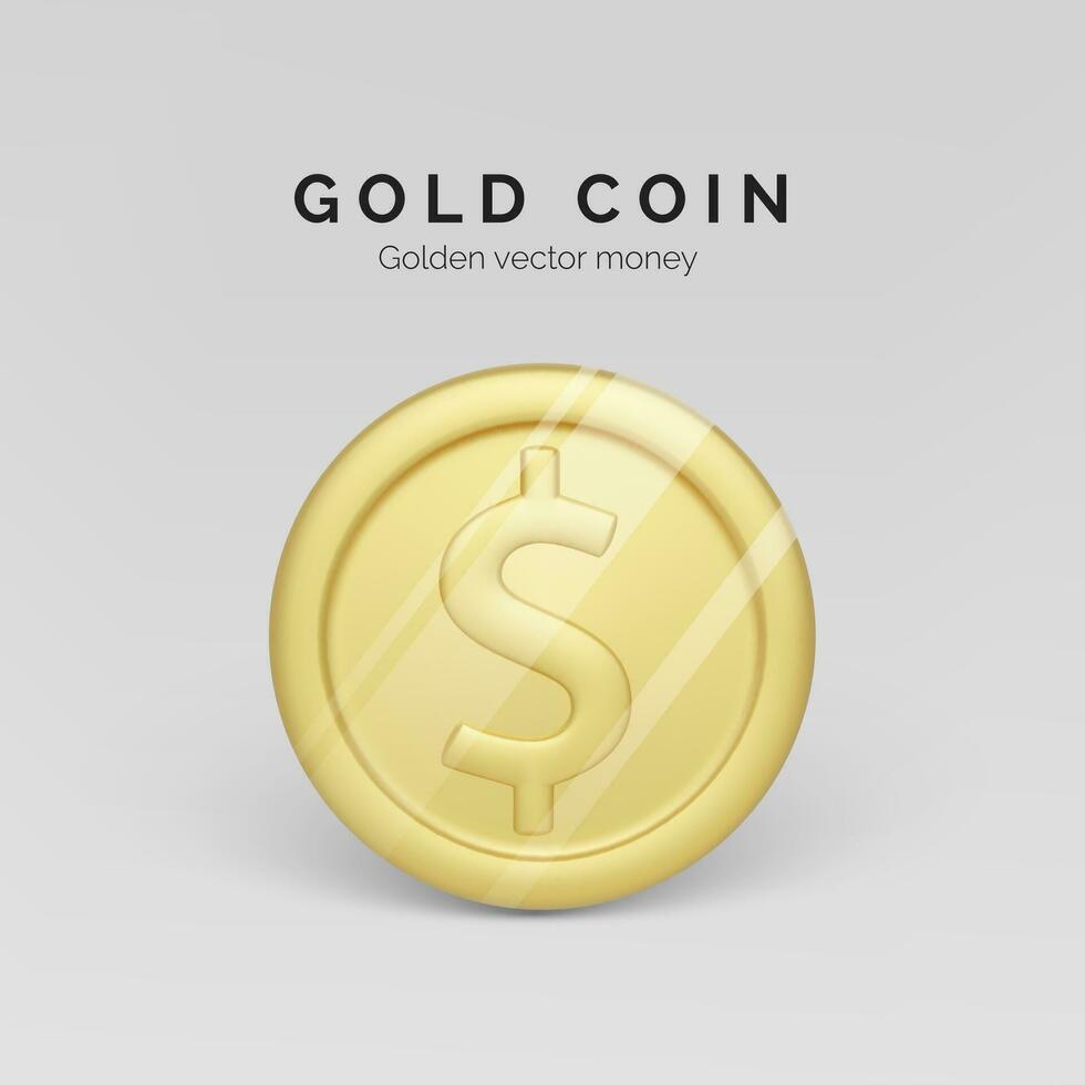 Golden coin front view. Realistic render of metallic coin. Finance and money. Vector illustration