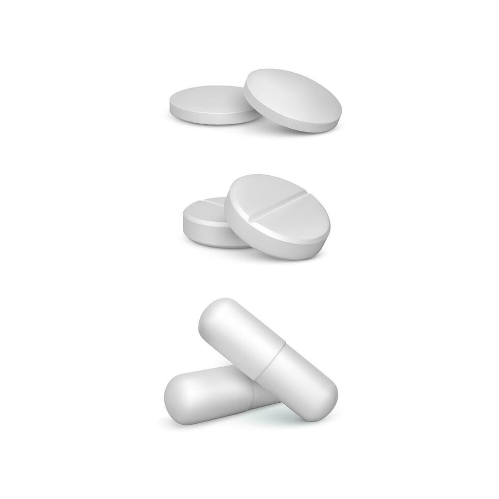 Set of realistic white pills. 3d render medicine drugs or vitamins. Vector illustration isolated on white background