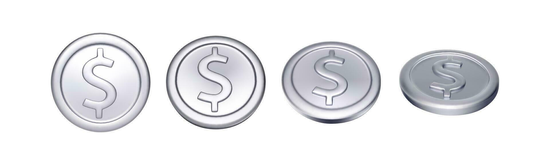 Set of  silver coin with dollar symbol. Rotation metallic money. Vector illustration