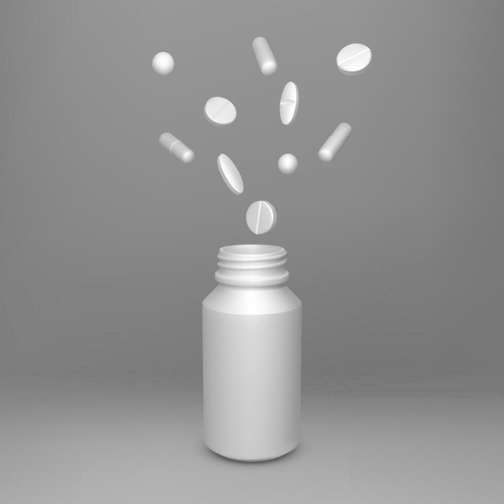 Realistic clean container with scattered tablets. White drug capsules and pills. Healthcare and medicine object for banner or poster. Vector