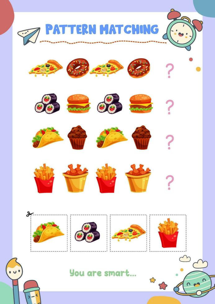 Matching pictures to patterns. Activity worksheet vector