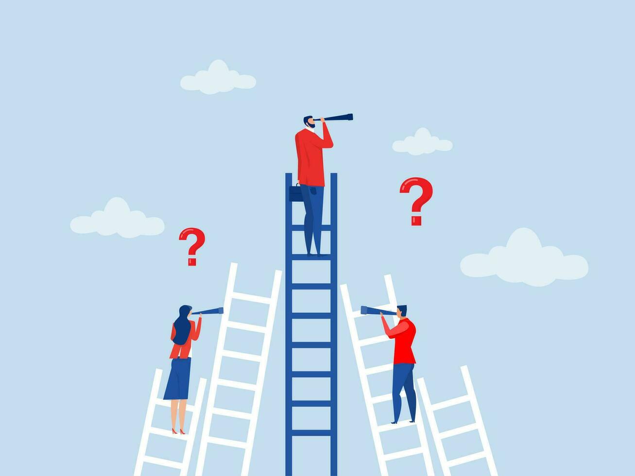 Decision making concept Businessman looking binoculars on question mark about career path work direction or choose the right way to success concept vector