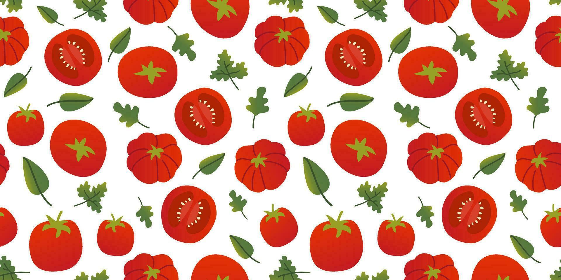 Seamless pattern different colorful tomatoes and greens in flat vector style on white background. For print, textile, background, wrapper.