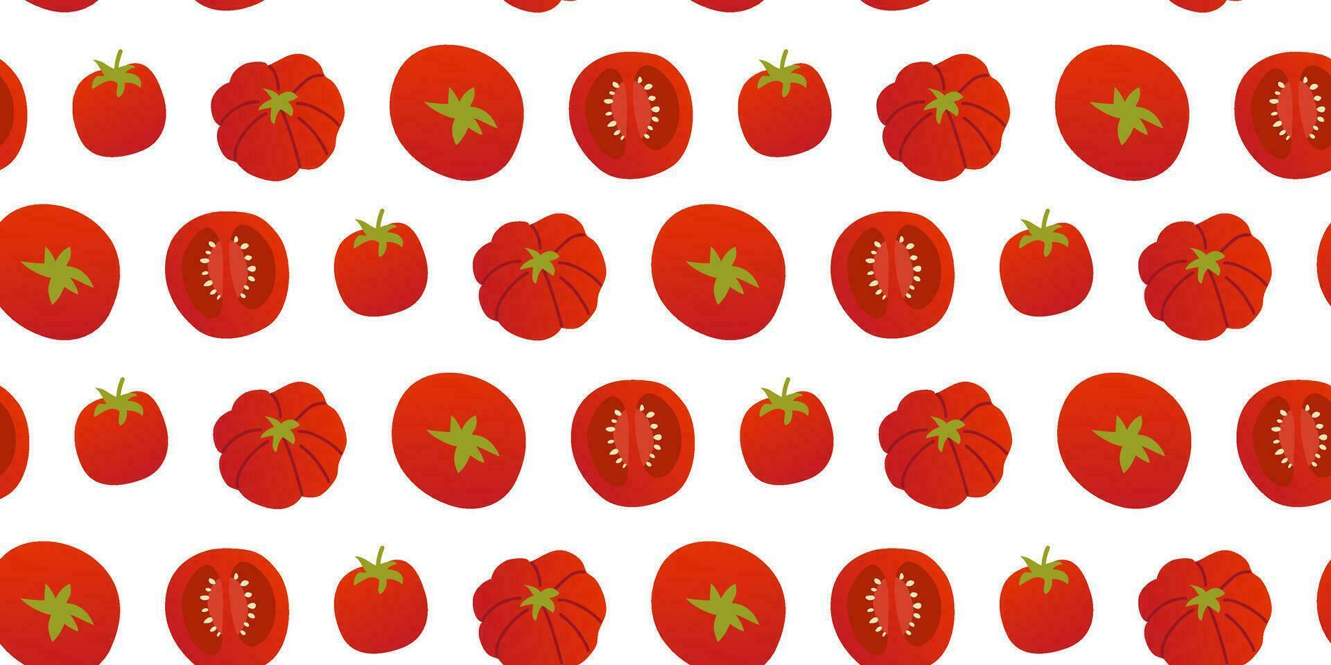 Seamless pattern different shapes red tomatoes in flat vector style on white background. For print, textile, background, wrapper.