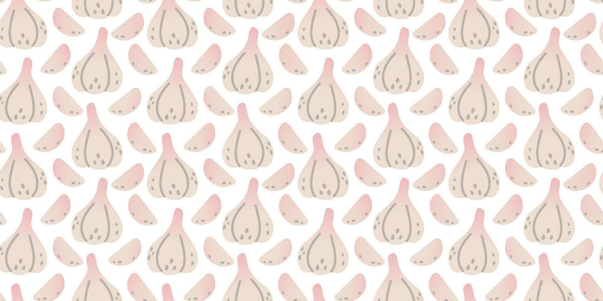 Seamless pattern white gradient garlic in flat vector style on white background. For print, textile, background, wrapper.