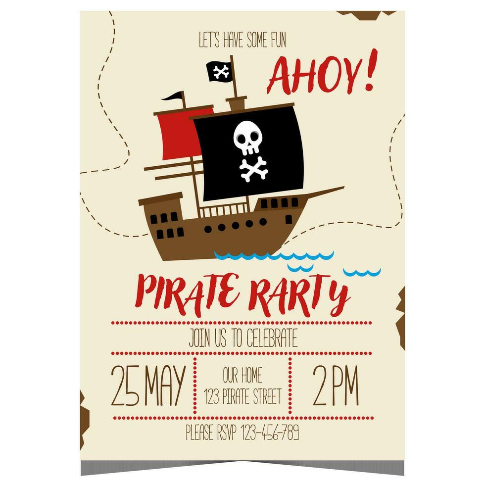 ahoy pirata fiesta invitación a embarcar en un mar aventuras para niño cumpleaños en un Embarcacion con pirata bandera con tibias cruzadas y cráneo. para niños cumpleaños póster diseño en pergamino con un navegación mapa. vector