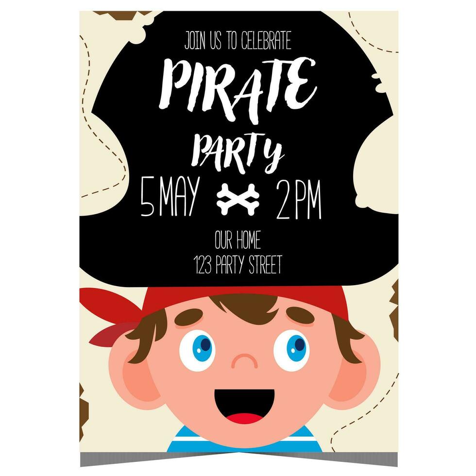 pirata fiesta invitación tarjeta para niños cumpleaños celebracion. para niños cumpleaños póster o bandera diseño modelo con dibujos animados personaje chico vistiendo pirata sombrero y atractivo a mar aventura. vector