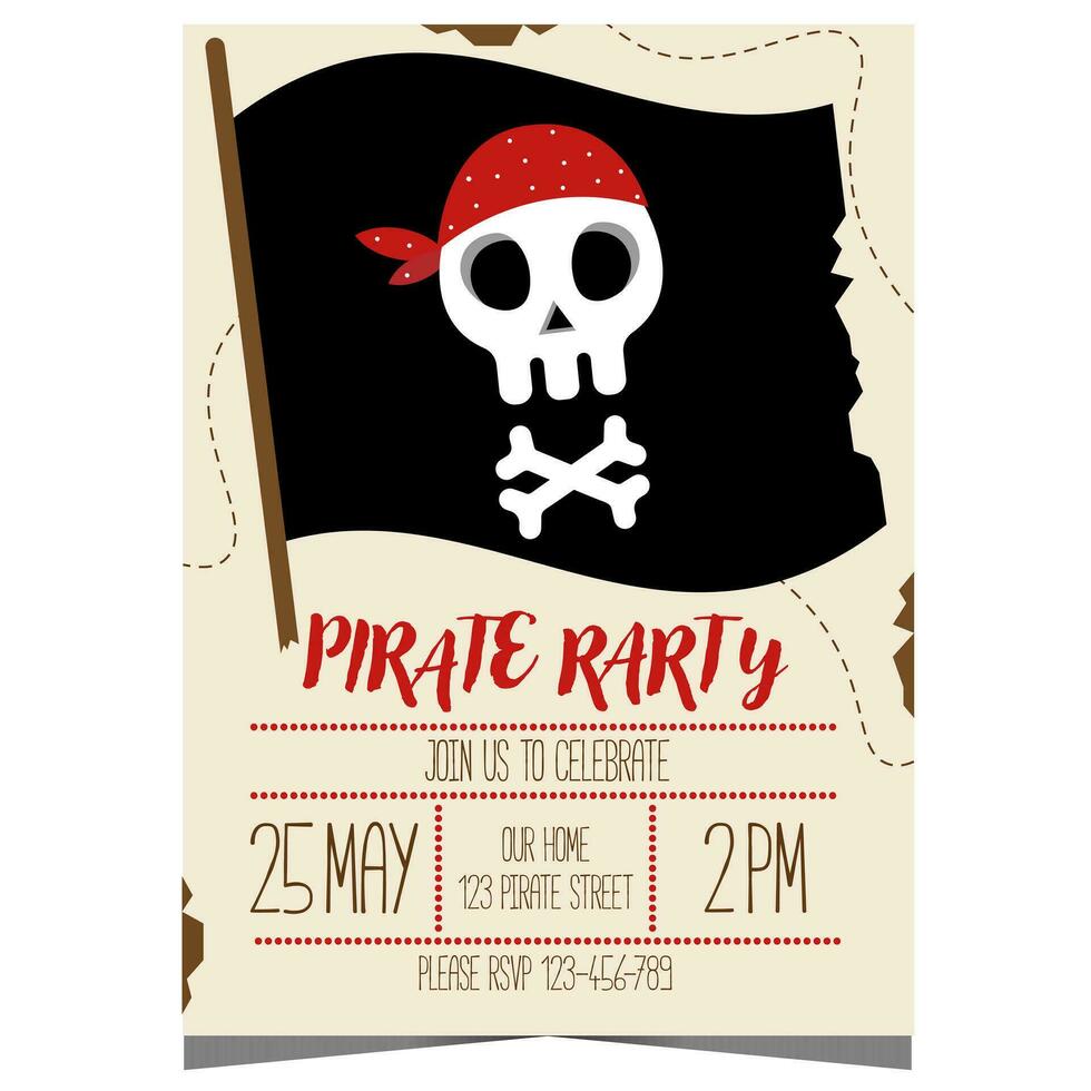 pirata fiesta invitación con un pirata bandera con tibias cruzadas y cráneo a celebrar un chico cumpleaños. niños cumpleaños póster o bandera diseño con pirata elementos en pergamino con un navegación mapa. vector