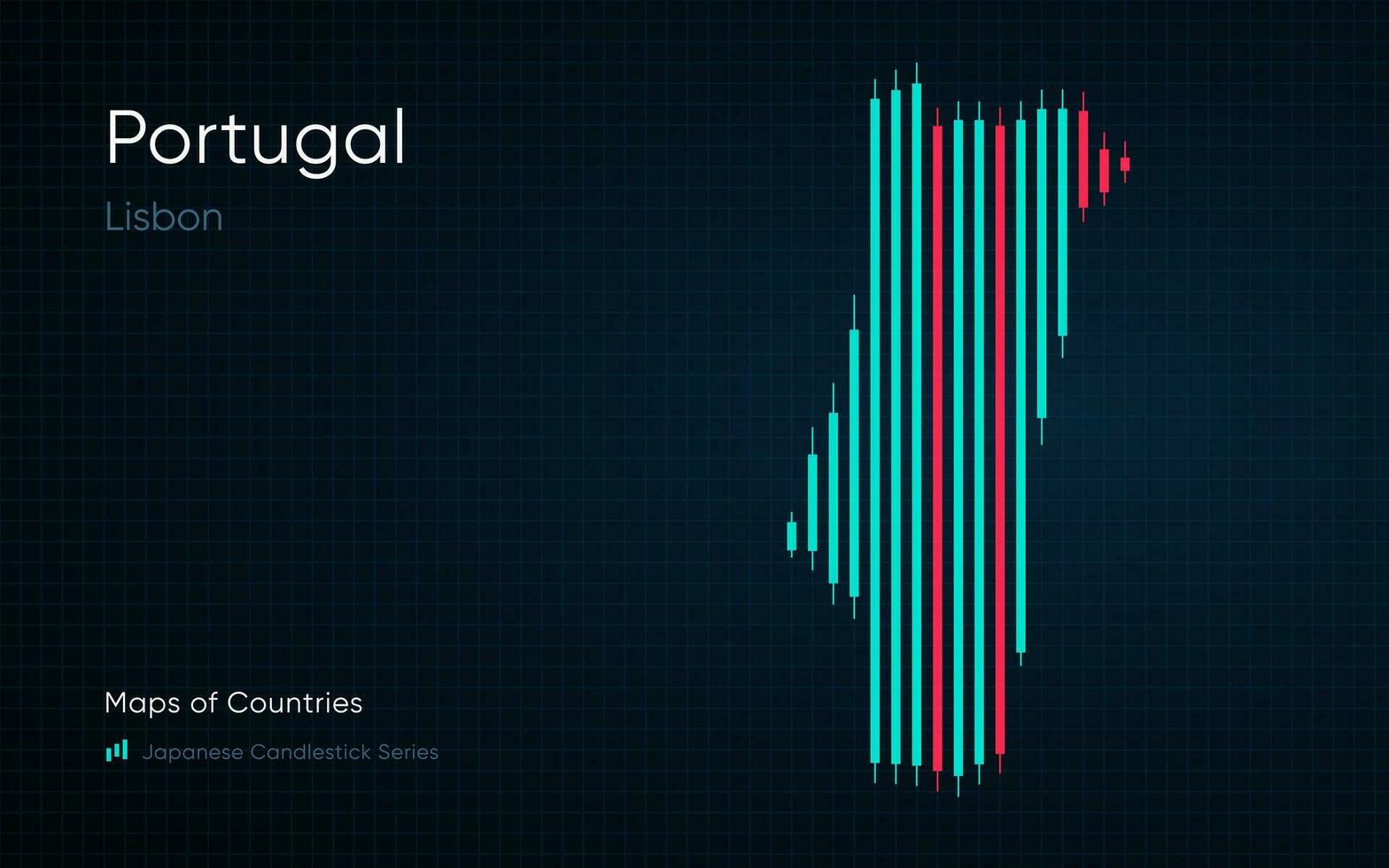 Portugal mapa es mostrado en un gráfico con barras y líneas. japonés candelero gráfico serie vector