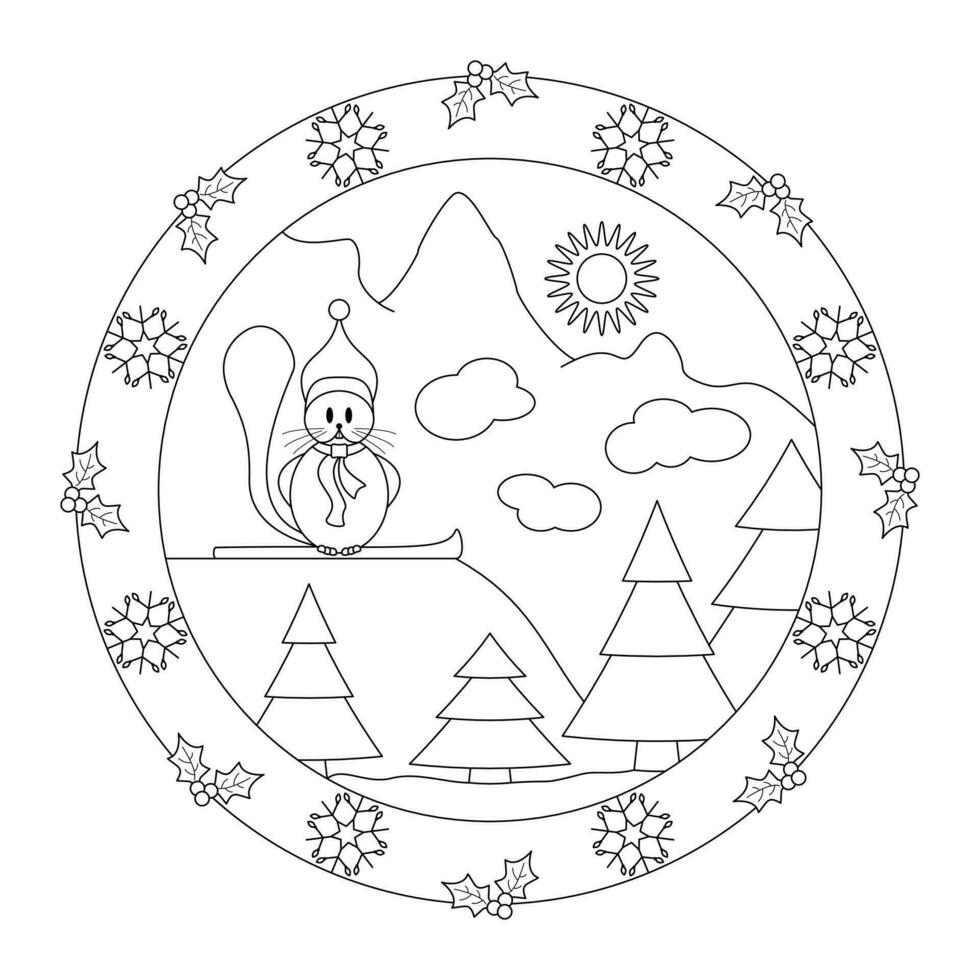 Little beaver at the top of the mountain. Decor with holly and snowflake. Christmas mandala. vector