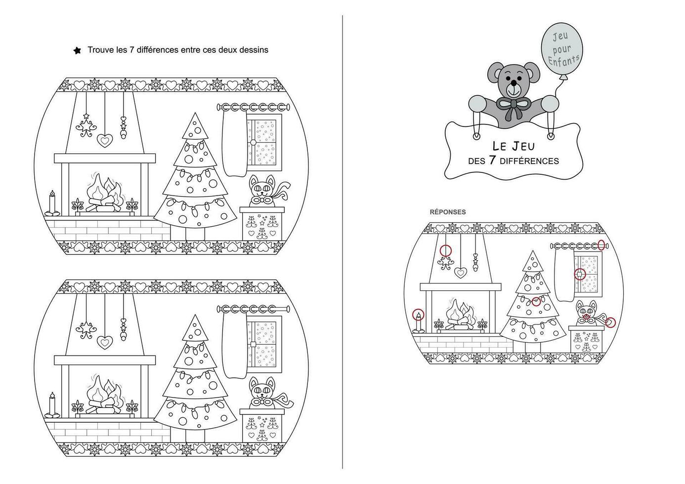 The game of seven differences. Game for kids. Christmas theme. Black and white. French Language. vector
