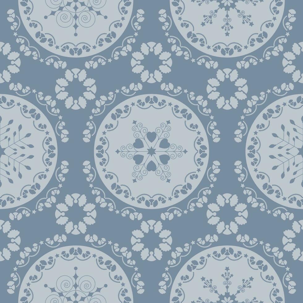 Seamless pattern christmas theme. Pretty mandalas and Frieze around with angels. Snowflakes, hearts and spirals. Color pastel blue. vector