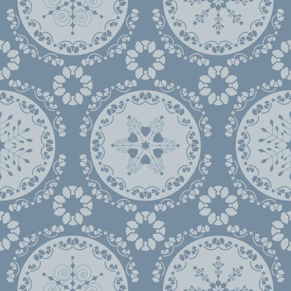 Seamless pattern christmas theme. Pretty mandalas and Frieze around with angels. Snowflakes, hearts and spirals. Color pastel blue. vector