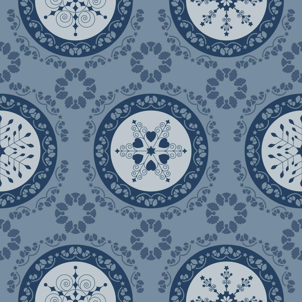 sin costura modelo Navidad tema. bonito mandalas y friso alrededor con ángeles copos de nieve, corazones y espirales color azul. vector