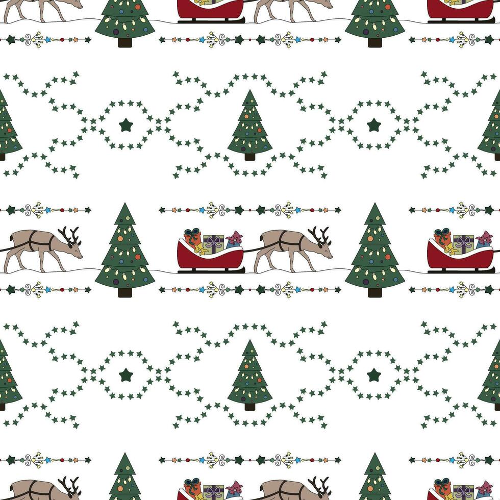 Christmas seamless pattern. Reindeer and his sleigh filled with gifts. Christmas tree. Transparent background. vector