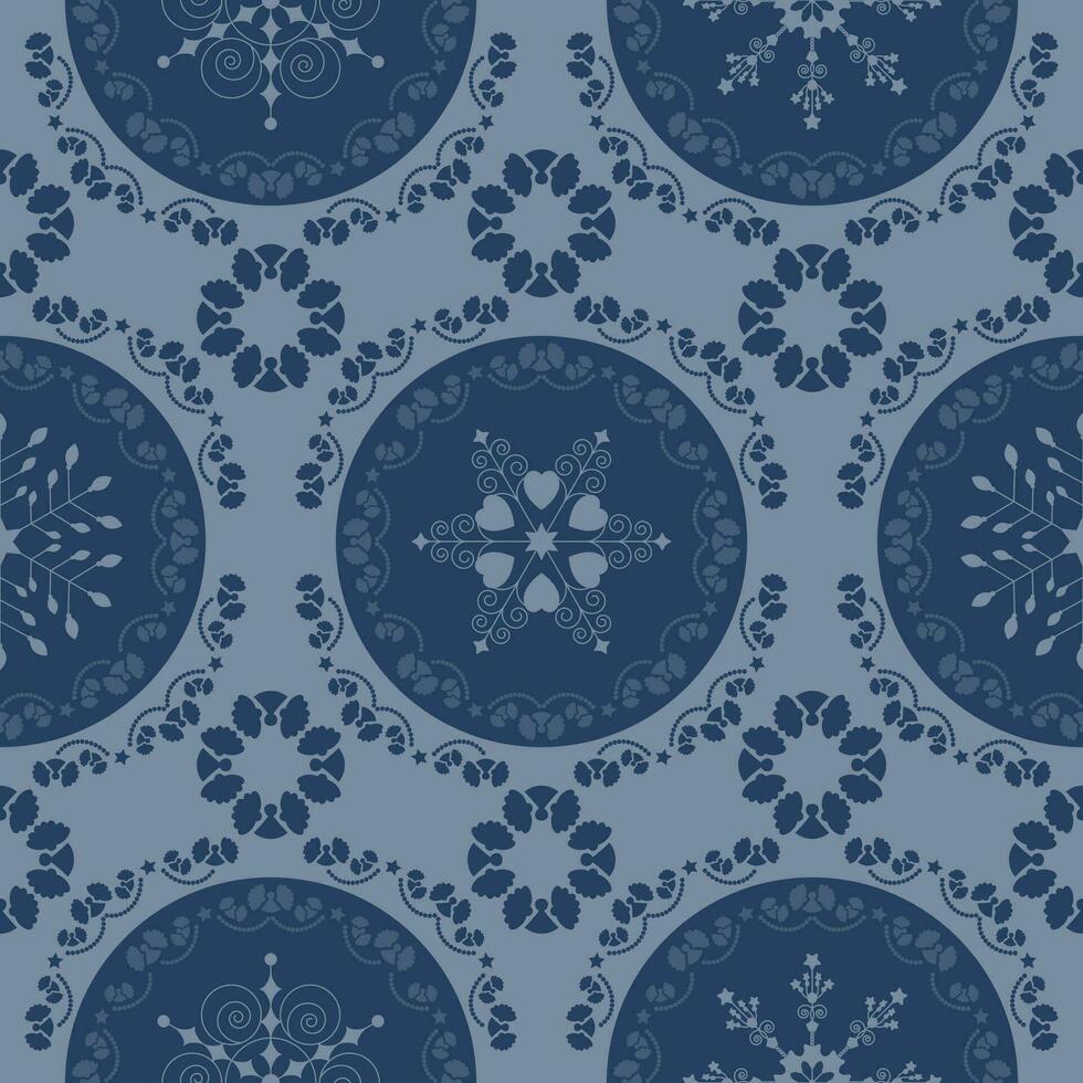 Seamless pattern christmas theme. Pretty mandalas and Frieze around with angels. Snowflakes, hearts and spirals. Color blue. vector