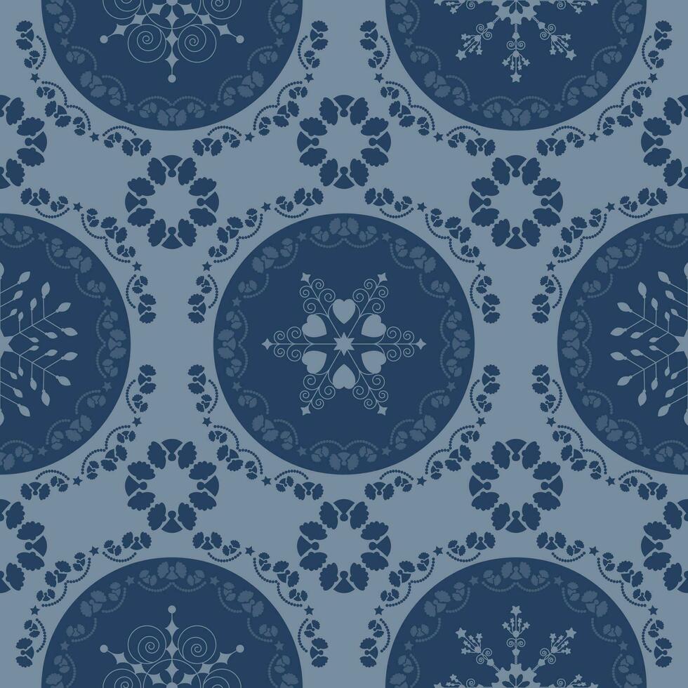 sin costura modelo Navidad tema. bonito mandalas y friso alrededor con ángeles copos de nieve, corazones y espirales color azul. vector