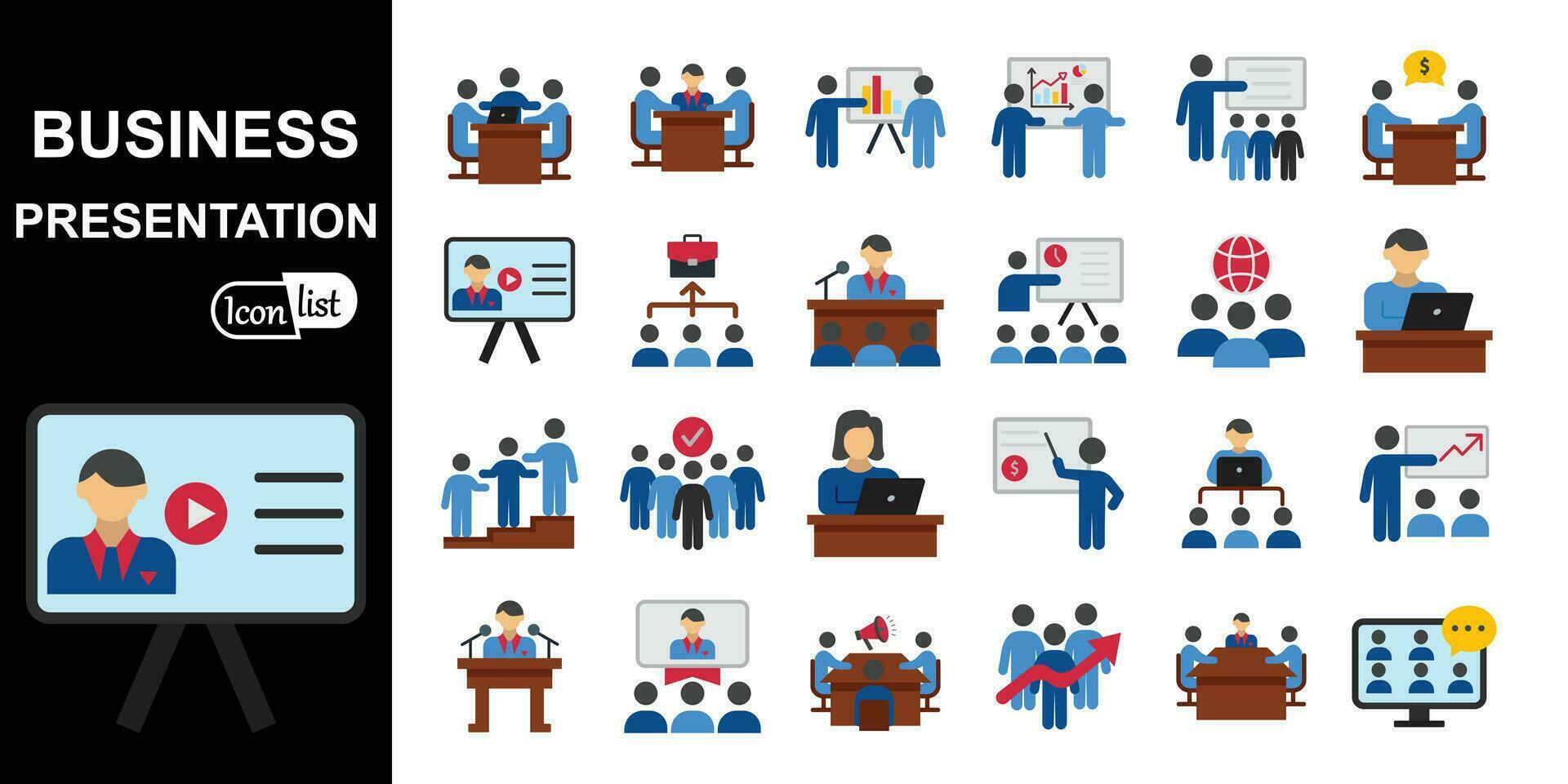 Business presentation  icons set. Presentation, business, seminar, partnership, goals, meeting, whiteboard, conference and business plan icons. Vector illustration.