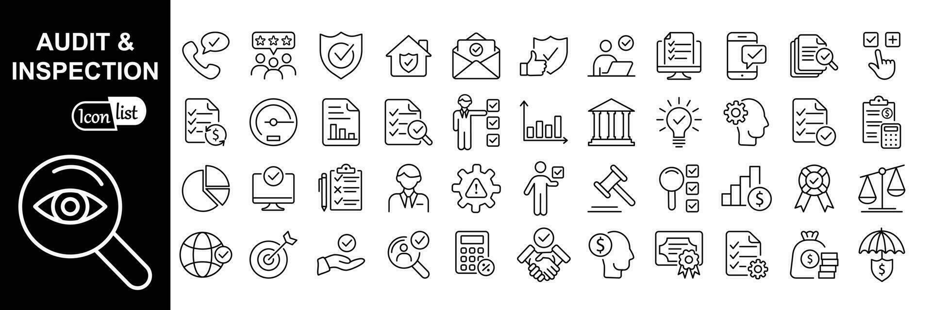 Audit and inspection outline stroke icons set. Examination, testing, quality control, check, inspect, collection. Vector illustration.