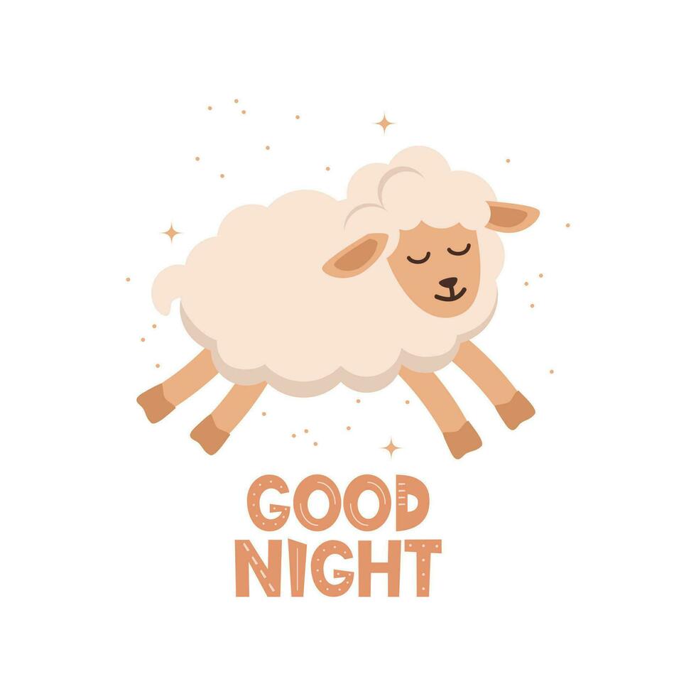 Kids print art with a cute lamb and the text Good night. White background with cartoon sheep, stars. Kids poster for decoration of the children's room. Vector illustration.