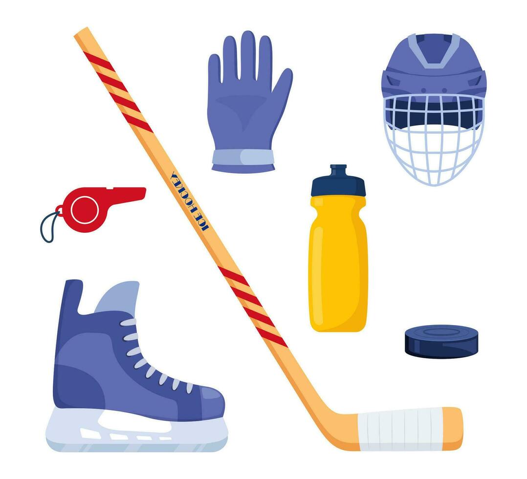 Set of hockey equipment. Helmet, gloves, stick, puck, skates, whistle, water bottle. Vector illustration.