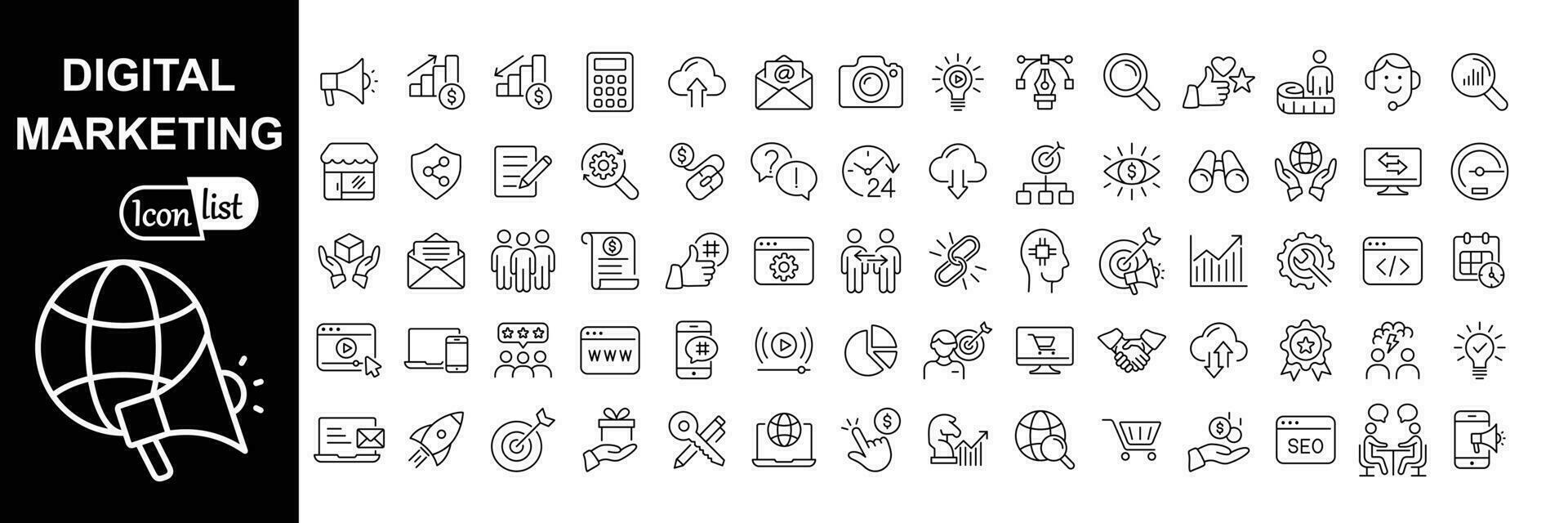 Digital marketing icon set. Social, networks, feedback, communication, marketing, ecommerce. Vector illustration.