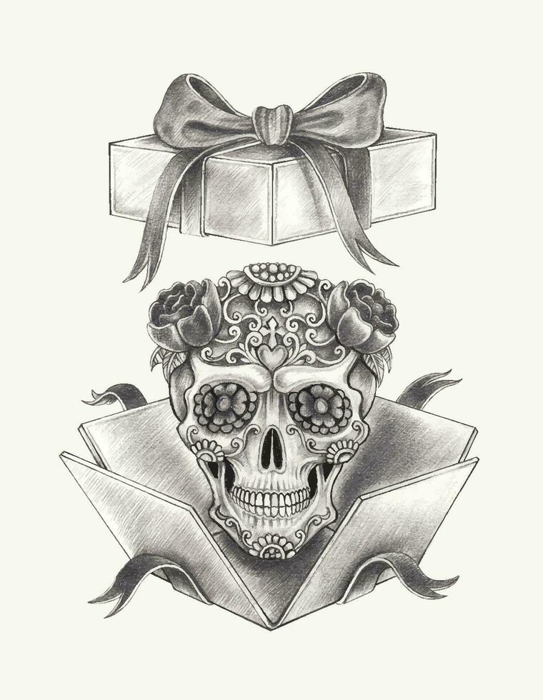 Fancy skull in the gift box hand drawing on paper make graphic vector. vector