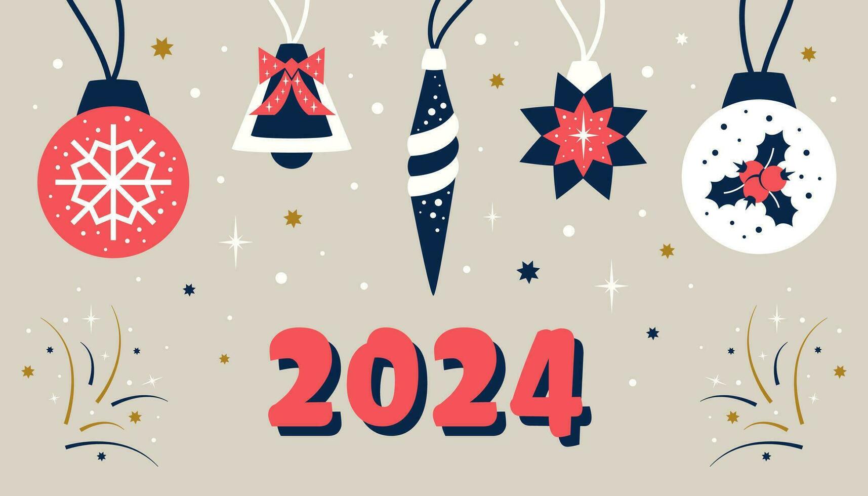Happy New Year banner. Greeting card with red numbers 2024 and colorful toys of various shapes. Christmas tree, snowflake, stars, fireworks, holly. Vector flat illustration for print,invitations