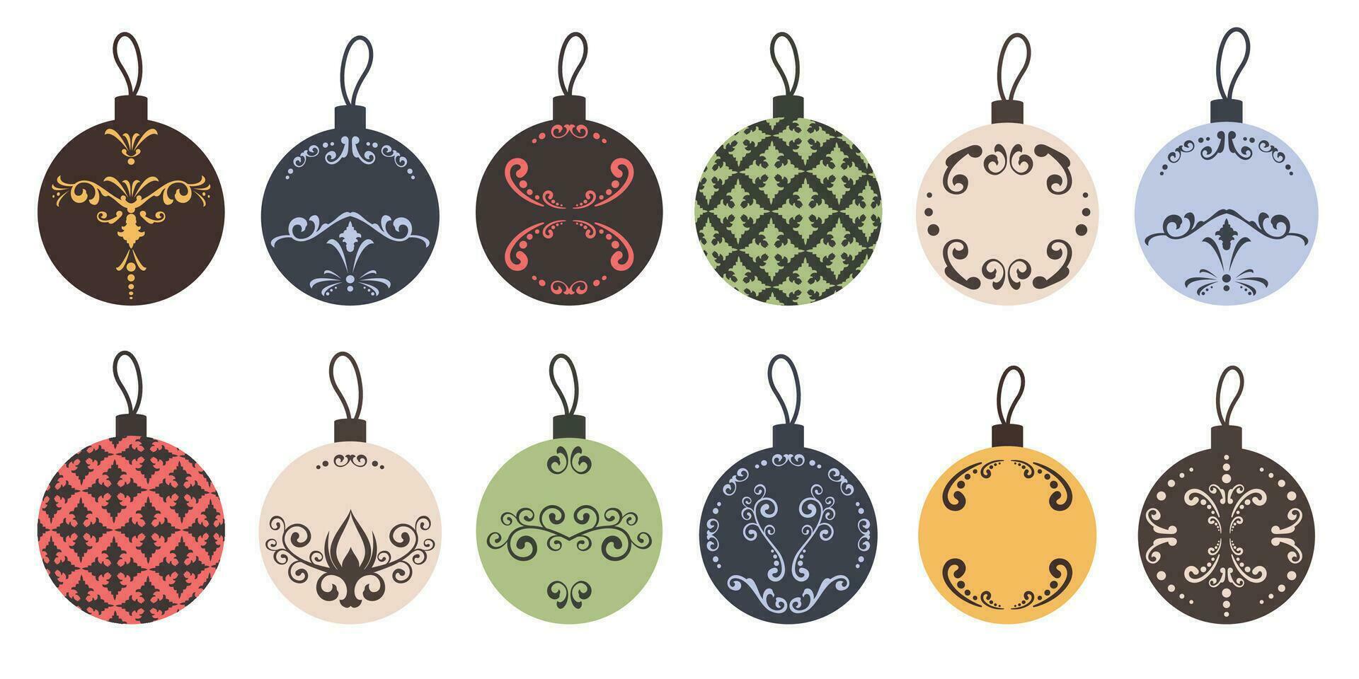Vintage Christmas balls. Set of hand drawn christmas toys for Christmas tree. Holiday elements with luxury elegant ornament. Vector flat illustration for greeting card, print, invitations