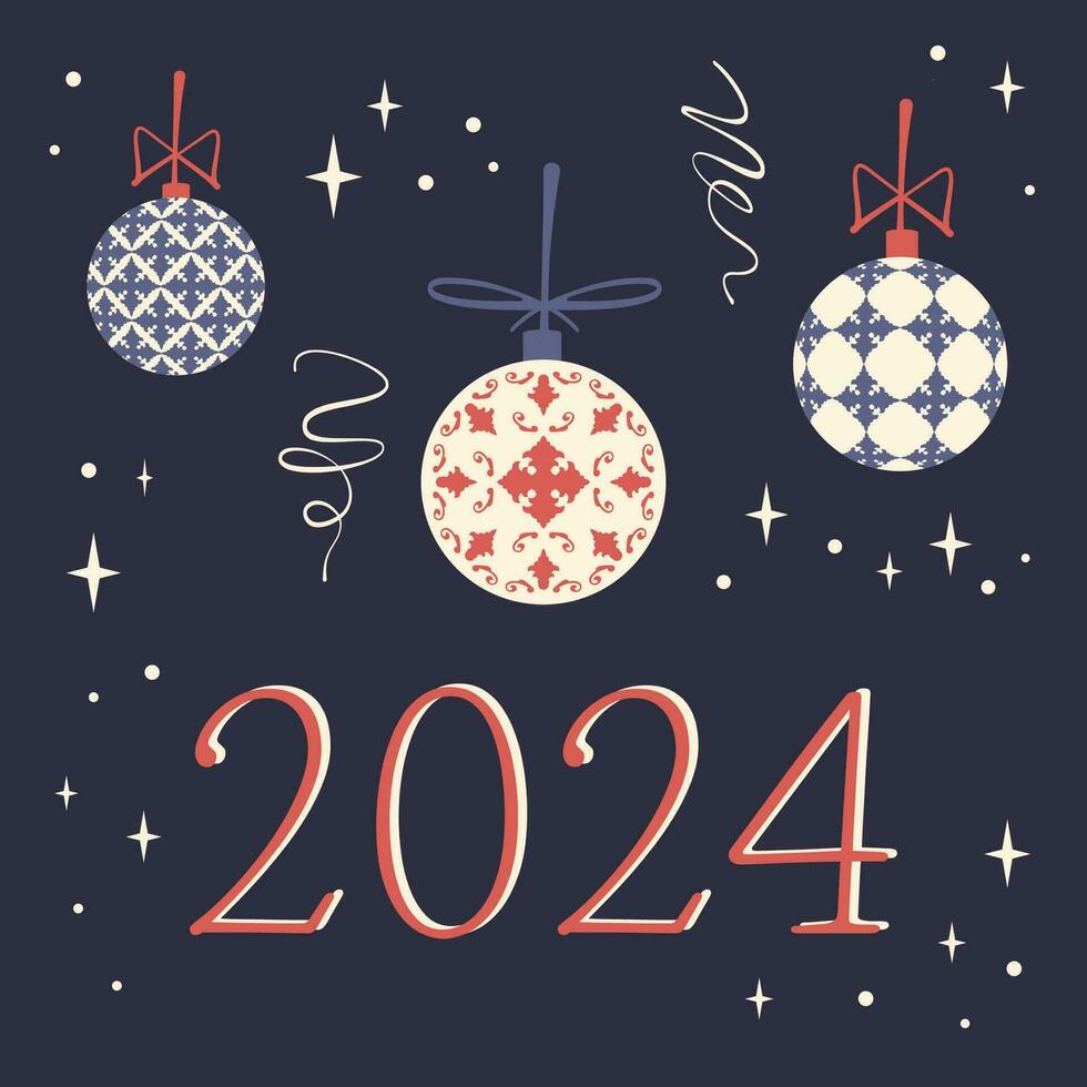 Happy New Year. Greeting card with red numbers 2024, christmas balls, confetti, stars. Festive banner template with luxury vintage elegant toys. Vector flat illustration for print,invitations