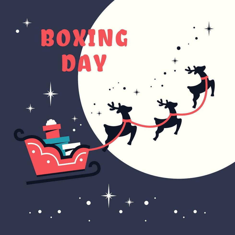 Delivery Gift box by Traditional sleigh and reindeers. Boxing Day. Christmas presents. Delivering package and box in Santa sleigh. Vector illustration