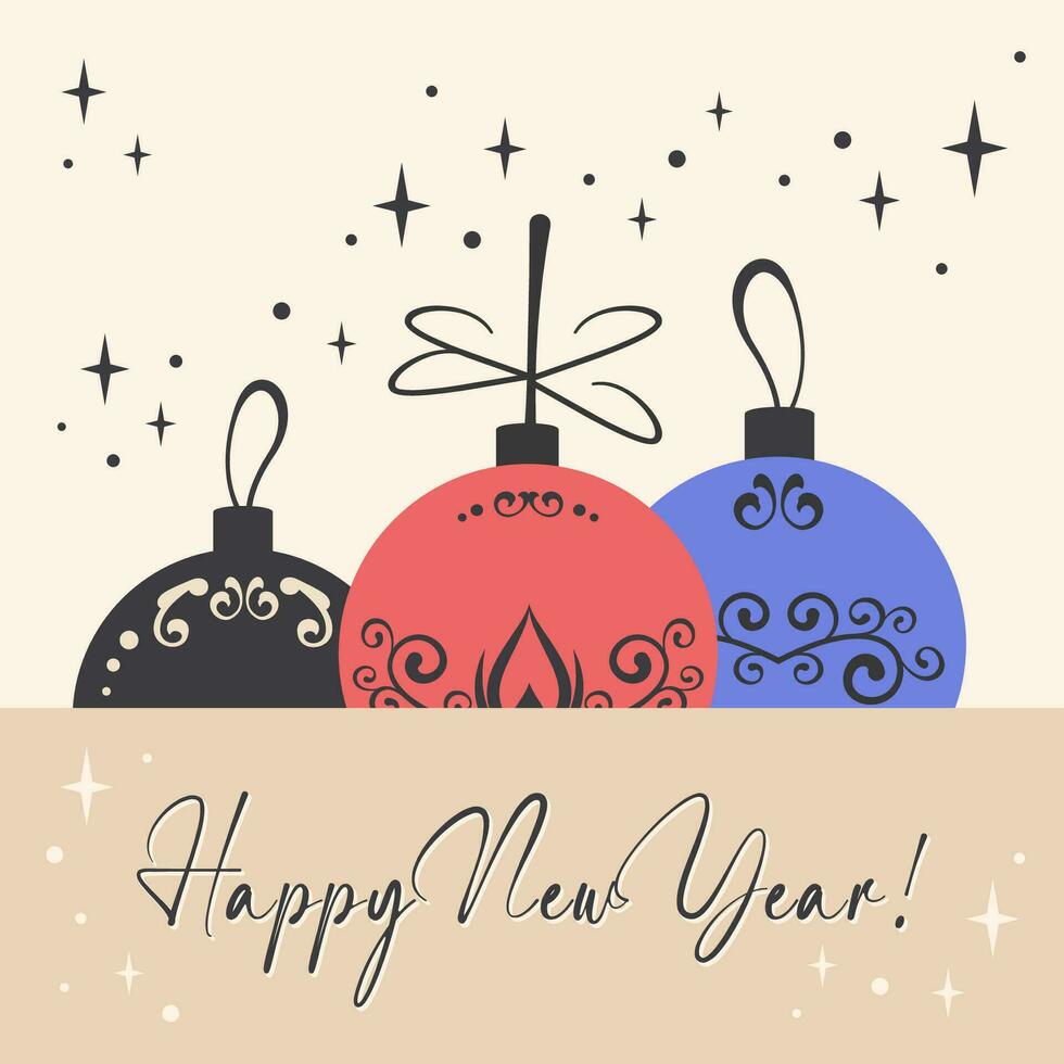 Greeting card with text Happy New Year. Red, blue and black christmas balls, stars. Festive banner template with luxury vintage Christmas decorations. Vector flat illustration