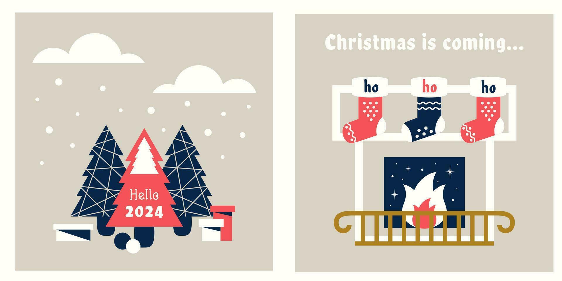 Set of Christmas cards. Stone fireplace with burning flame, Christmas socks, presents. Modern Christmas trees and greeting text with number 2024. Vector illustration for banner, print, invitations