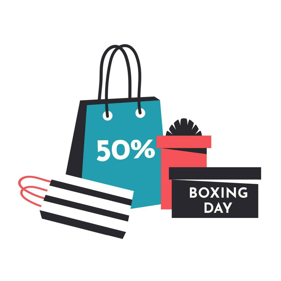 Boxing Day sale. Modern simple cartoon card with gift boxes, pacages. Present boxes, bags, discounts in minimalistic style.  Vector illustration for winter holiday, New Year, Valentines day, web